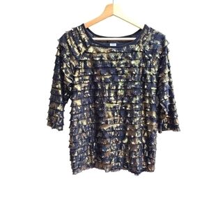 Black Ruffle Shirt with Gold Foil Detail